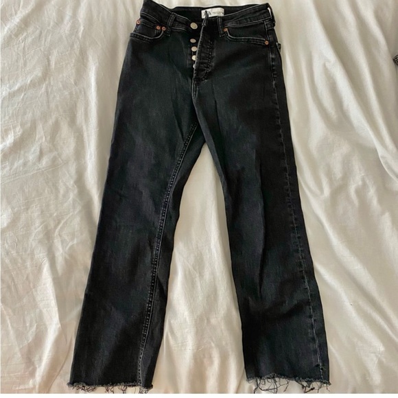 Zara black dark gray raw frayed hem cropped flare denim jeans - stretchy - Picture 4 of 9
